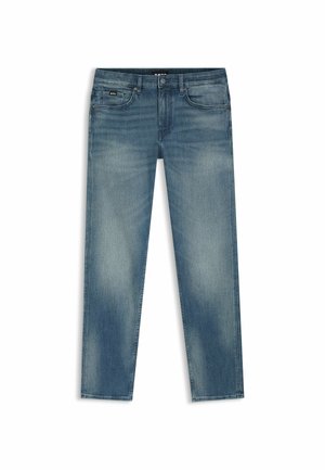 Blue faded straight-leg denim jeans with front pockets, belt loops, and a button closure.