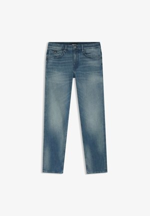 Blue faded straight-leg denim jeans with front pockets, belt loops, and a button closure.