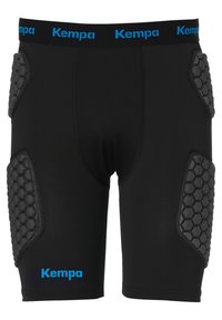 Vadderade svarta sportshorts med meshdetaljer, med ett hexagonmönster på sidorna och en blå "Kempa"-logga på midjebandet.
