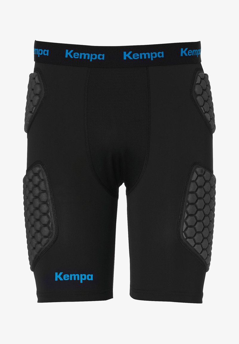 Vadderade svarta sportshorts med meshdetaljer, med ett hexagonmönster på sidorna och en blå "Kempa"-logga på midjebandet.