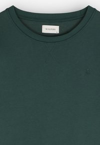 Mørkegrøn crew neck sweatshirt med struktureret stof, ribbet krave og et lille logo i nederste hjørne.