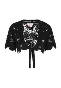 Bolero cardigan in crochet nero con maniche corte, motivo floreale, apertura frontale e chiusura a nodo. Texture morbida con dettagli in pizzo.