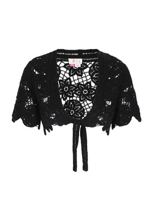 Boléro en dentelle noire au crochet avec des manches courtes, motif floral, devant ouvert et fermeture à nouer. Texture douce avec des détails en dentelle.