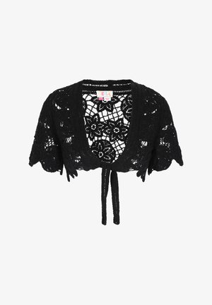 Black crochet bolero cardigan with short sleeves, floral pattern, open front, and a tied closure. Soft texture with lace detailing.