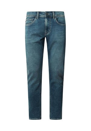 Denimjeans in verblasstem Blau, fünf Pocket-Design, Reißverschluss mit Knopfverschluss, gerader Schnitt und sichtbare Nähdetails.