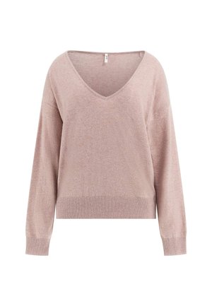 Gaiši rozā, mīksts adīts džemperis ar V veida kaklu, garām piedurknēm, ribotu apakšmali un brīvu piegriezumu. Materiāls izskatās teksturēts un viegls.