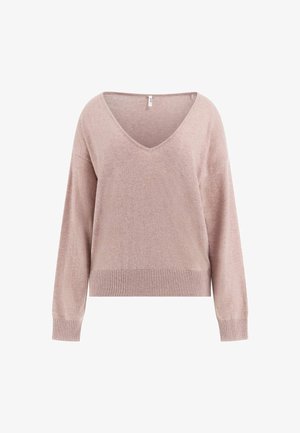 Gaiši rozā, mīksts adīts džemperis ar V veida kaklu, garām piedurknēm, ribotu apakšmali un brīvu piegriezumu. Materiāls izskatās teksturēts un viegls.