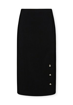 Czarna spódnica ołówkowa wykonana z fakturowanej tkaniny, charakteryzująca się prostą sylwetką oraz trzema ozdobnymi złotymi guzikami po lewej stronie.