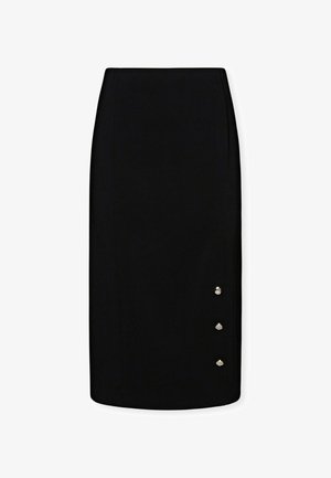 Mustat lyhyet hameet, jotka on valmistettu tekstuuritusta kankaasta, suora siluetti ja kolme koristeellista kultakolikkoa vasemmalla puolella.