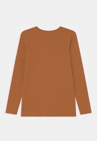 Camisa de mangas compridas numa cor castanha rica, confeccionada em tecido suave. Apresenta um decote redondo e bainhas limpas e direitas, sem detalhes adicionais.
