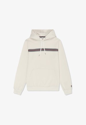 Bluza z kapturem w kolorze ecru z przednią kieszenią typu kangurka, kapturem ze sznurkiem i poziomymi paskami w kolorach czerwonym, białym i granatowym na wysokości klatki piersiowej.