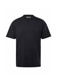 Sort kortærmet t-shirt lavet af blødt stof, med rund hals og en diskret v-stitch detalje ved kraven.