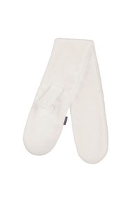 White fleece mittens with a smooth texture, rounded fingertips, and a short cuff featuring a loop for secure fastening.