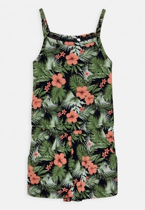 Combinaison sans manches avec des feuilles tropicales vertes et des fleurs d'hibiscus corail sur fond noir, dotée de fines bretelles.