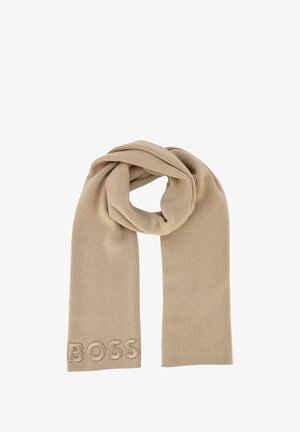 Beige gebreide sjaal met een geribbelde textuur en het reliëflogo "BOSS" in een contrasterend materiaal aan het ene uiteinde.