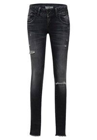 Jeans skinny negros de mezclilla con detalles desgastados, que presentan dobladillos deshilachados y sutiles acentos de costura.