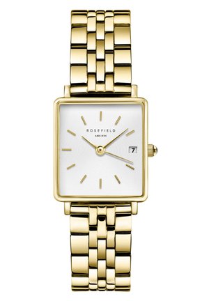 Montre rectangulaire dorée avec un cadran blanc texturé, des marqueurs d'heure simples, un affichage de la date et un bracelet à maillons doré assorti.