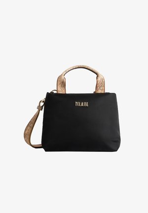 Borsa nera con manici e tracolla beige decorati con motivo a mappa, caratterizzata dal logo dorato "T CLASSE" al centro sul davanti.