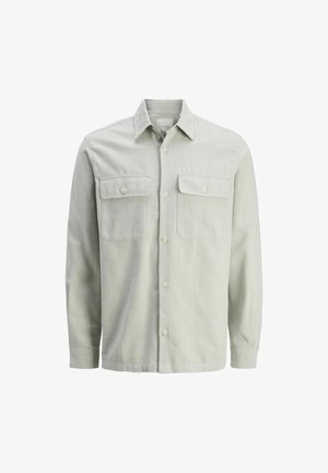 Camicia verde chiaro, con bottone, maniche lunghe, due tasche frontali e una trama semplice. Presenta un colletto classico e chiusura frontale con bottoni.