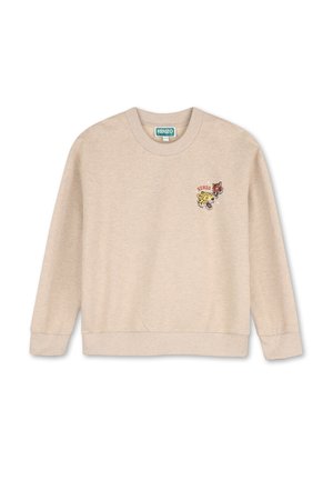Sweat-shirt beige à col rond avec poignets et ourlet côtelés, avec de petites têtes de léopard et de tigre brodées ainsi que le texte "KENZO" sur la poitrine.