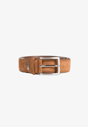 Tan suede belt with a silver rectangular buckle, featuring stitched edges and a subtle brand tag on the side. Smooth texture.