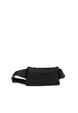 Sac banane en cuir noir avec sangle réglable et fermeture éclair argentée, forme rectangulaire fine, conçu pour un port mains libres.