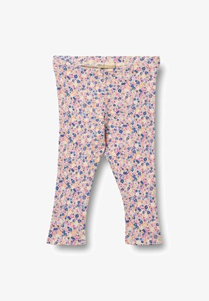 Leggings côtelés pour enfants avec une base rose et un motif floral multicolore en nuances de bleu et violet.