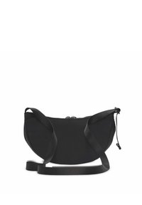 Sac à épaule fabriqué en tissu noir avec une forme arrondie, doté d'une fermeture à double zip et d'une bandoulière réglable. Texture lisse et design minimaliste.