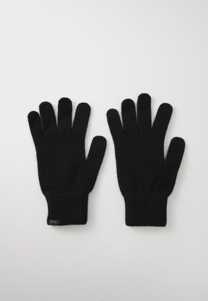 Guanti in maglia nera con polsino a coste, caratterizzati da una texture liscia e un design a cinque dita, posizionati affiancati su uno sfondo chiaro.