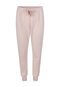 Lichtroze joggingsbroek met patroon, elastische tailleband, strikdetail, zijzakken en ribbels aan de manchetten met een bladontwerp.