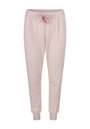 Lichtroze joggingsbroek met patroon, elastische tailleband, strikdetail, zijzakken en ribbels aan de manchetten met een bladontwerp.