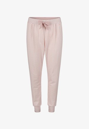 Lichtroze joggingsbroek met patroon, elastische tailleband, strikdetail, zijzakken en ribbels aan de manchetten met een bladontwerp.