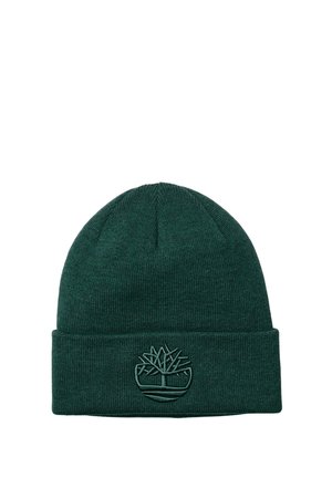 Bonnet en tricot vert foncé avec un revers plié comportant un logo d'arbre brodé au centre avant.