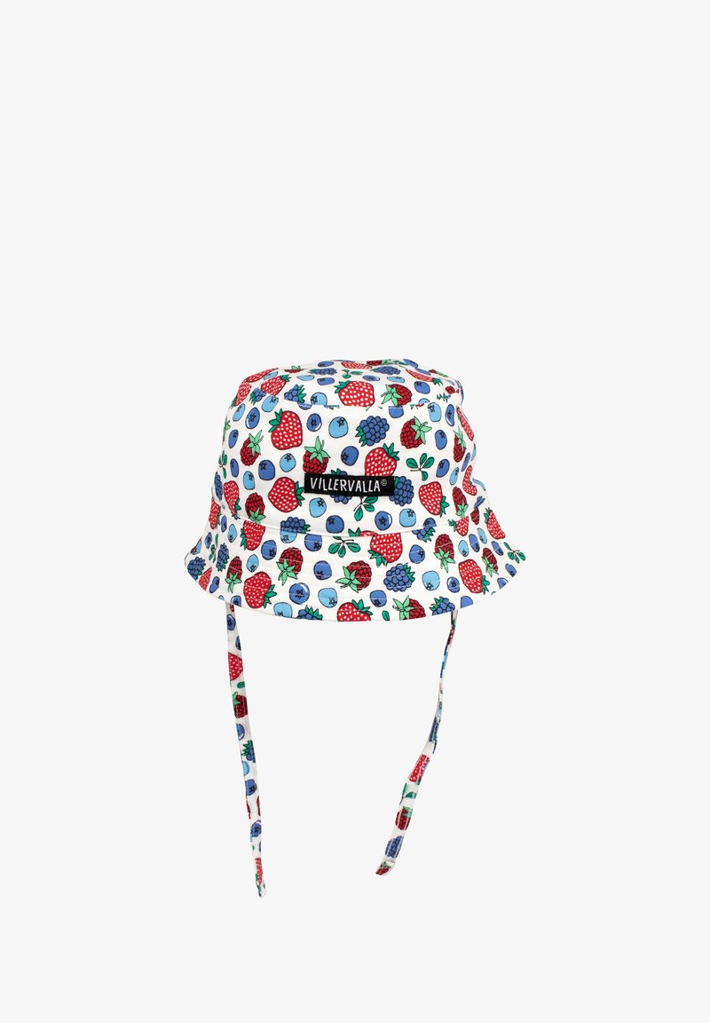 Cappello a secchiello con base bianca coperta di fragole rosse, mirtilli blu e more. Presenta lacci regolabili per il mento e un'etichetta con il logo.