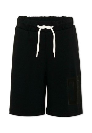 Pantaloncini neri fino al ginocchio con vita elasticizzata e coulisse bianca, con scritte sottili e testurizzate sulla gamba destra.