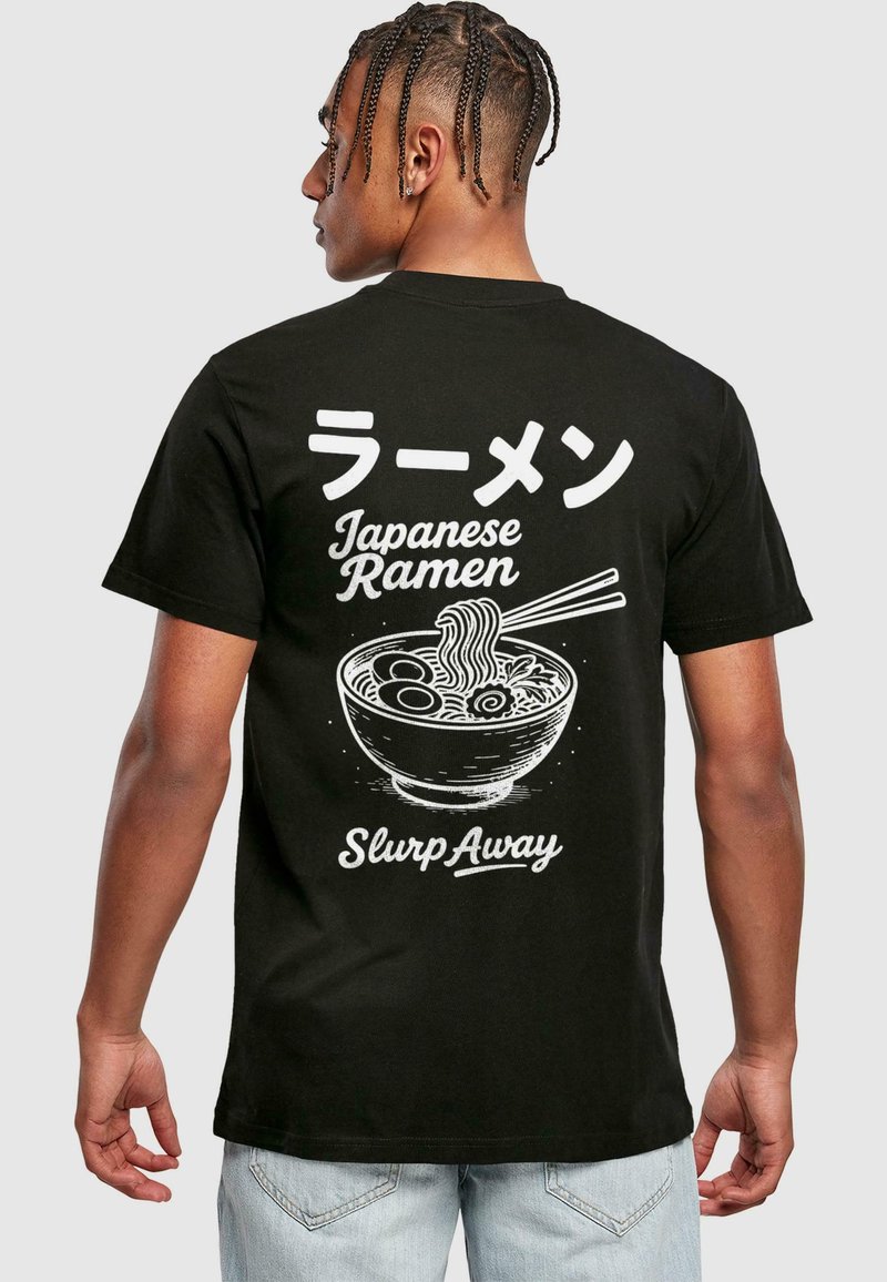 Black cotton t-shirt featuring white graphics of a ramen bowl, chopsticks, and text: "ラーメン Japanese Ramen Slurp Away." Casual design.