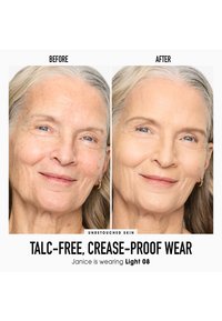 Kuvia ennen ja jälkeen kasvoista, joissa on hienoja ryppyjä ja juonteita, vaaleaihoisella henkilöllä, harmailla hiuksilla ja kultaketjuilla, esittelemässä meikkituloksia.