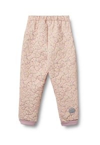 Pantalon rose matelassé avec un motif floral, taille élastique et poignets côtelés. Présente un petit patch logo gris sur le côté inférieur.