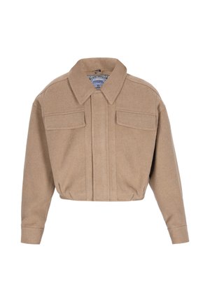 Beige, kürzere Jacke mit breitem Kragen, langen Ärmeln und zwei vorderen Klappentaschen an der Brust, hergestellt aus einem weichen, wollartigen Stoff.