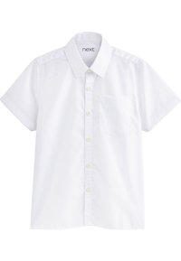 Chemise blanche à manches courtes avec boutons, col et poche poitrine, présentée à plat sur fond blanc.