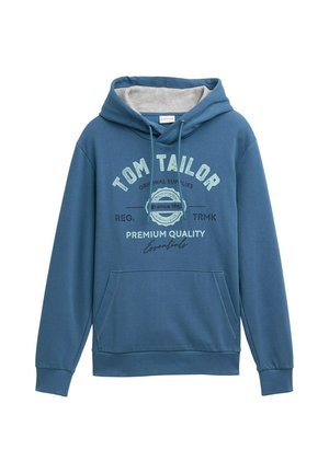 Blauwe hoodie van zachte stof, met een voorzak in kangoeroestijl, een capuchon met trekkoord en een gedrukt "Tom Tailor" logo met accenten in lichtblauw.