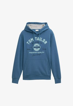 Blauwe hoodie van zachte stof, met een voorzak in kangoeroestijl, een capuchon met trekkoord en een gedrukt "Tom Tailor" logo met accenten in lichtblauw.