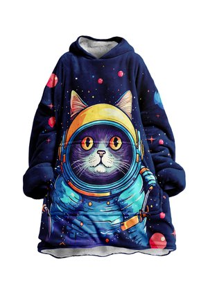 Felpa oversize blu navy con un gatto colorato che indossa un casco e una tuta da astronauta gialla, sullo sfondo di uno spazio stellato.