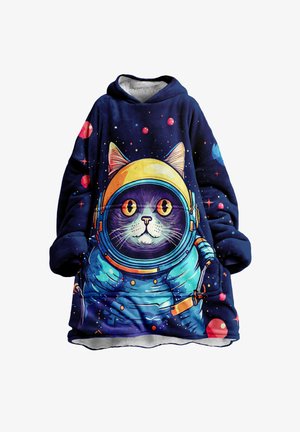 Felpa oversize blu navy con un gatto colorato che indossa un casco e una tuta da astronauta gialla, sullo sfondo di uno spazio stellato.