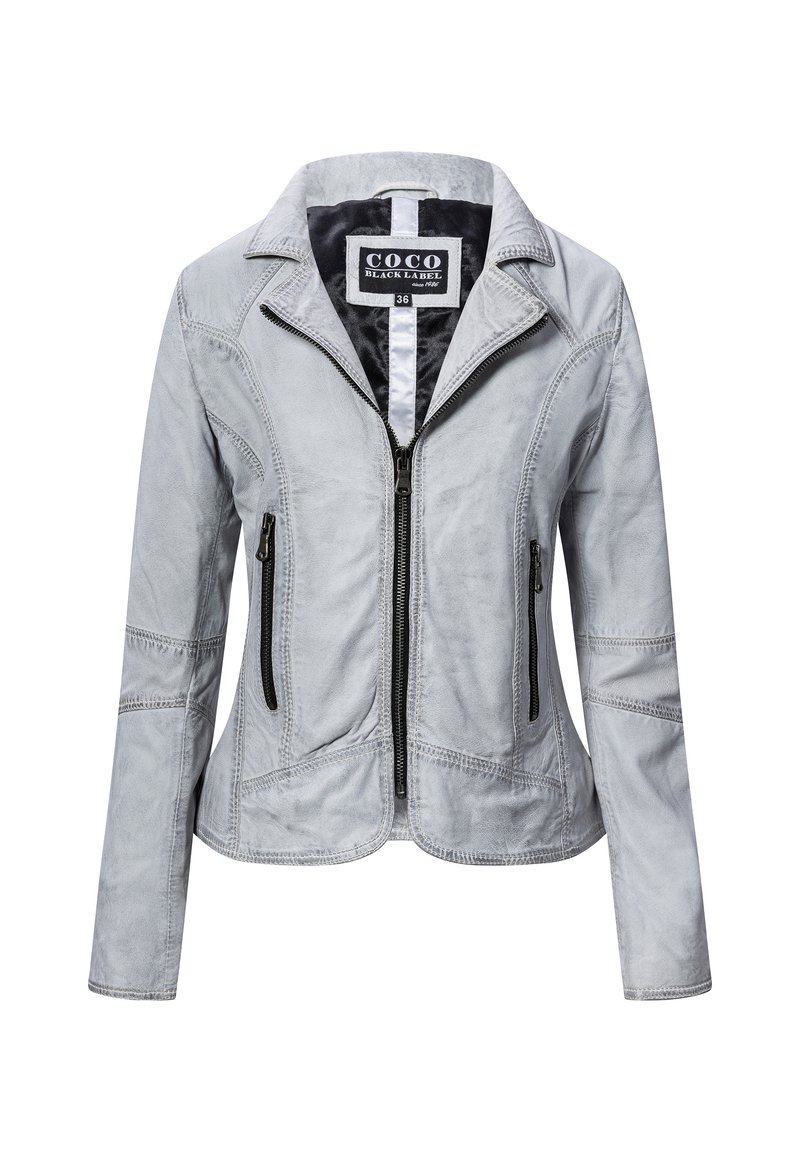 Hellgraue Lederjacke mit einem Frontreißverschluss, zwei mit Reißverschluss gesicherten Taschen und einem Kragen. Verfügt über kontrastierende Nähte und ein tailliertes Design.