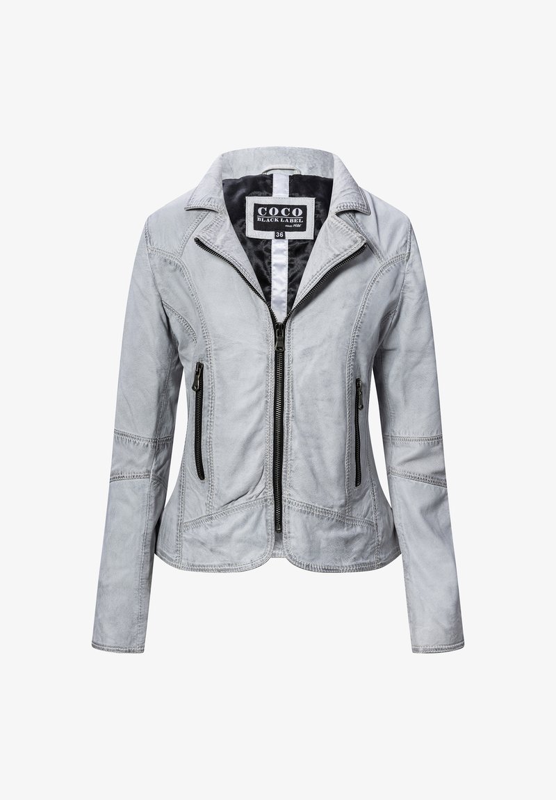 Hellgraue Lederjacke mit einem Frontreißverschluss, zwei mit Reißverschluss gesicherten Taschen und einem Kragen. Verfügt über kontrastierende Nähte und ein tailliertes Design.