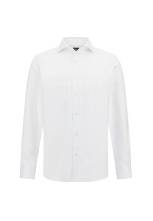 Chemise blanche à manches longues avec des rayures bleu clair, boutonnée à l'avant, col standard et poignets simples, fabriquée en coton lisse.