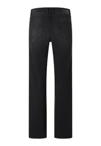 Schwarze Jeans aus Denim mit geradem Schnitt, die fünf Taschen, ein dunkles Taillenbund-Logoetikett und minimale Verblassungen aufweisen.