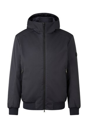Donkerblauwe hoodedjack gemaakt van gladde stof, met een voorrits, zijzakken, geribbelde manchetten en een logo op de mouw.