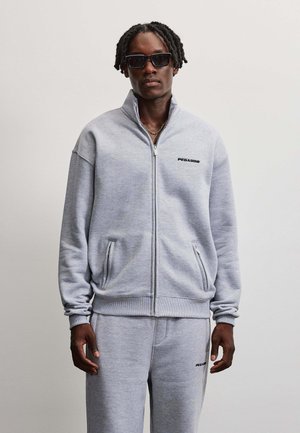 Mand iført grå lynlåstrøje og matchende sweatpants med "Pegador" logo, mørke solbriller og kort snoet hår mod hvid baggrund.